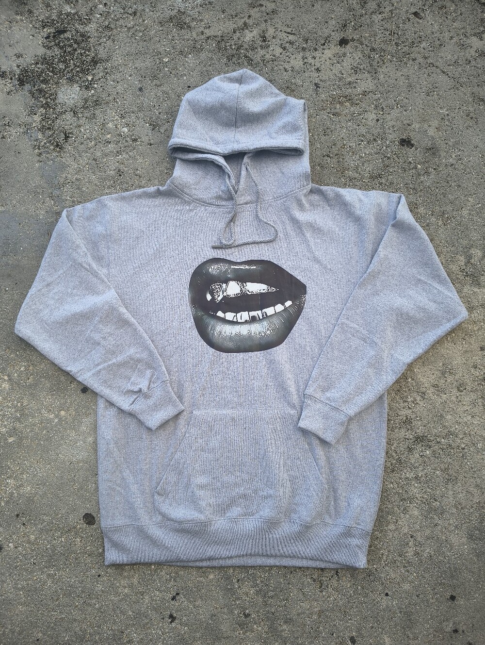 Y2K Grey Graphic Hoodie Iced Out Grillz Lips Oversized Streetwear